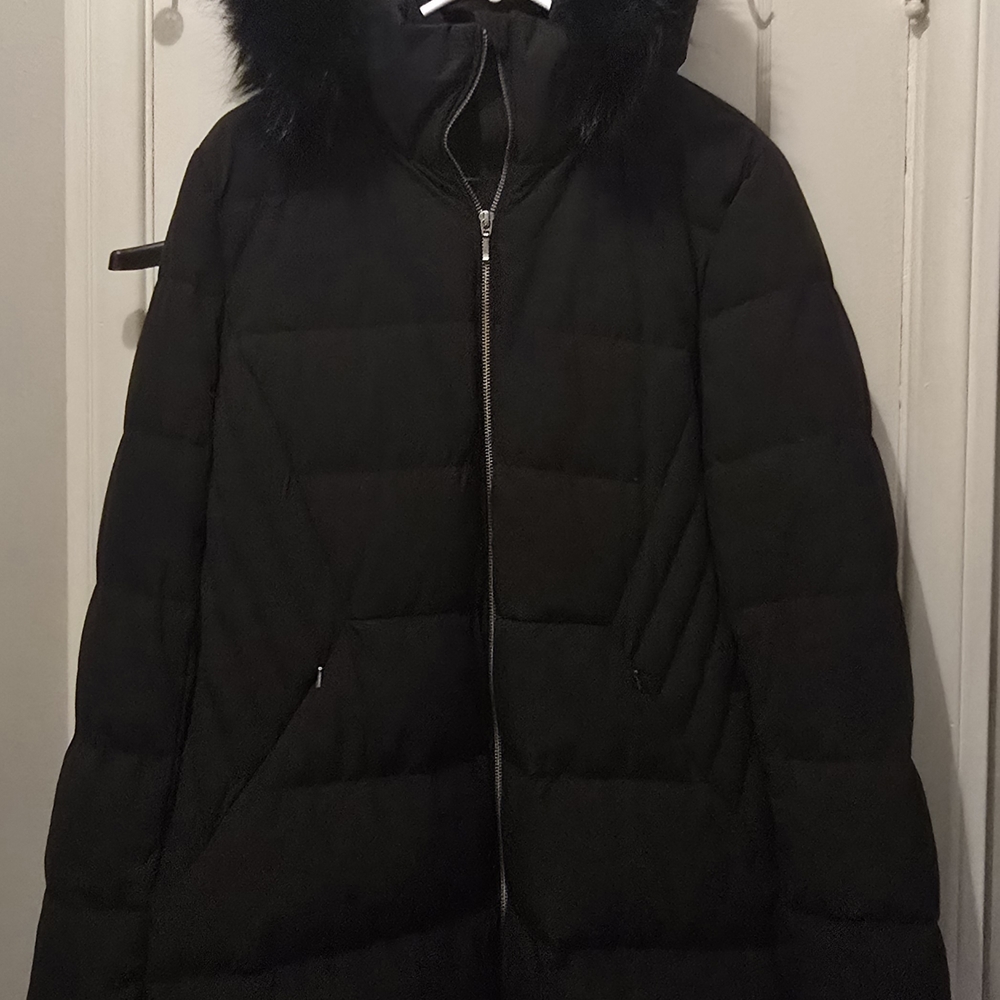 Lands' End Women's Black Puffer Coat with Faux Fur Hood